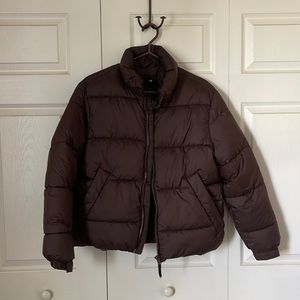 brown puffer jacket